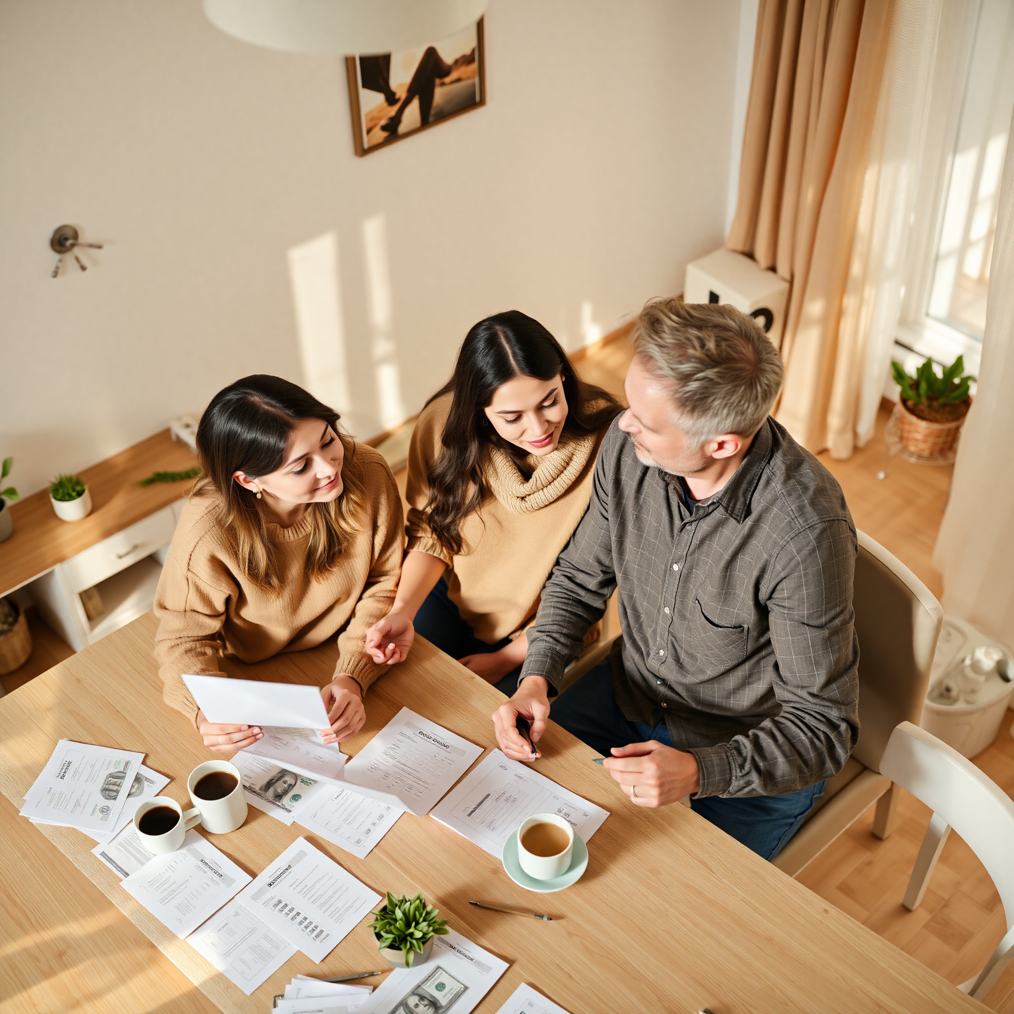Профессиональное фото супружеской пары, обсуждающей финансовый план за кофе