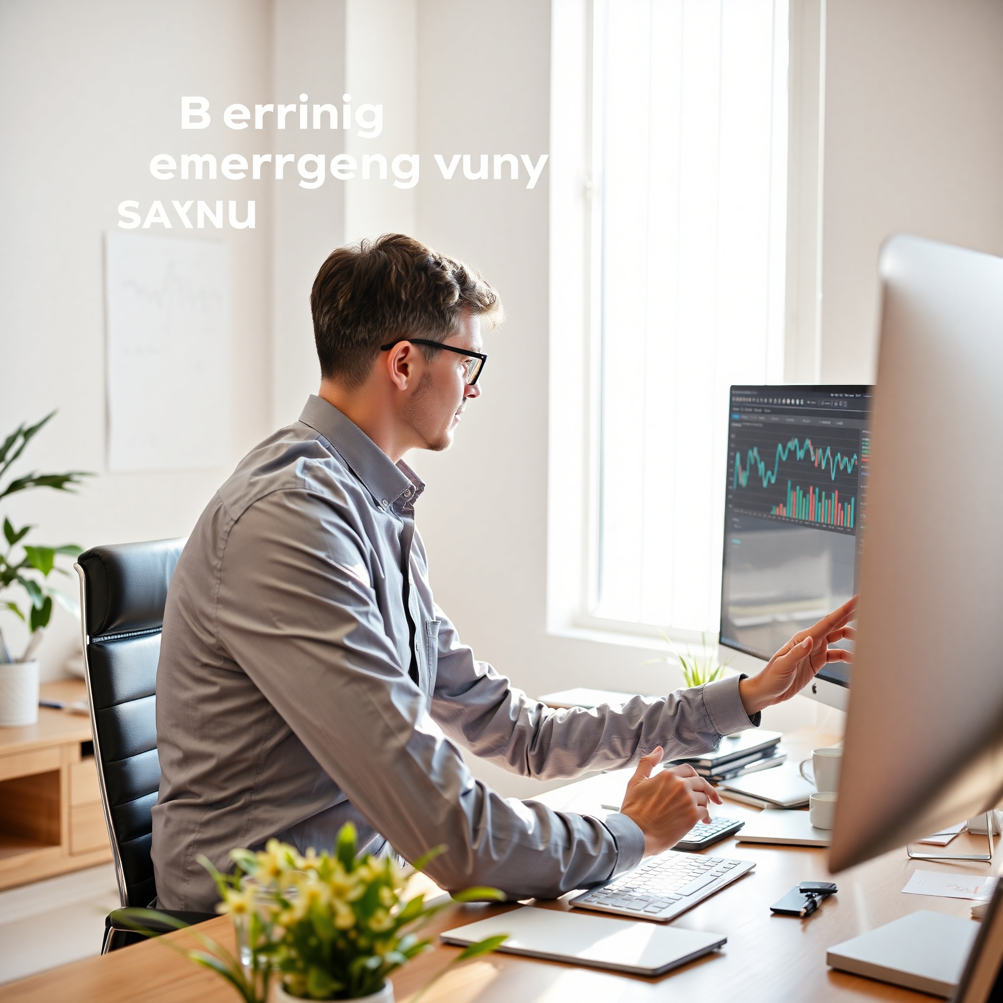 Профессиональное фото финансового советника, изучающего графики инфляции на мониторе в современном офисе