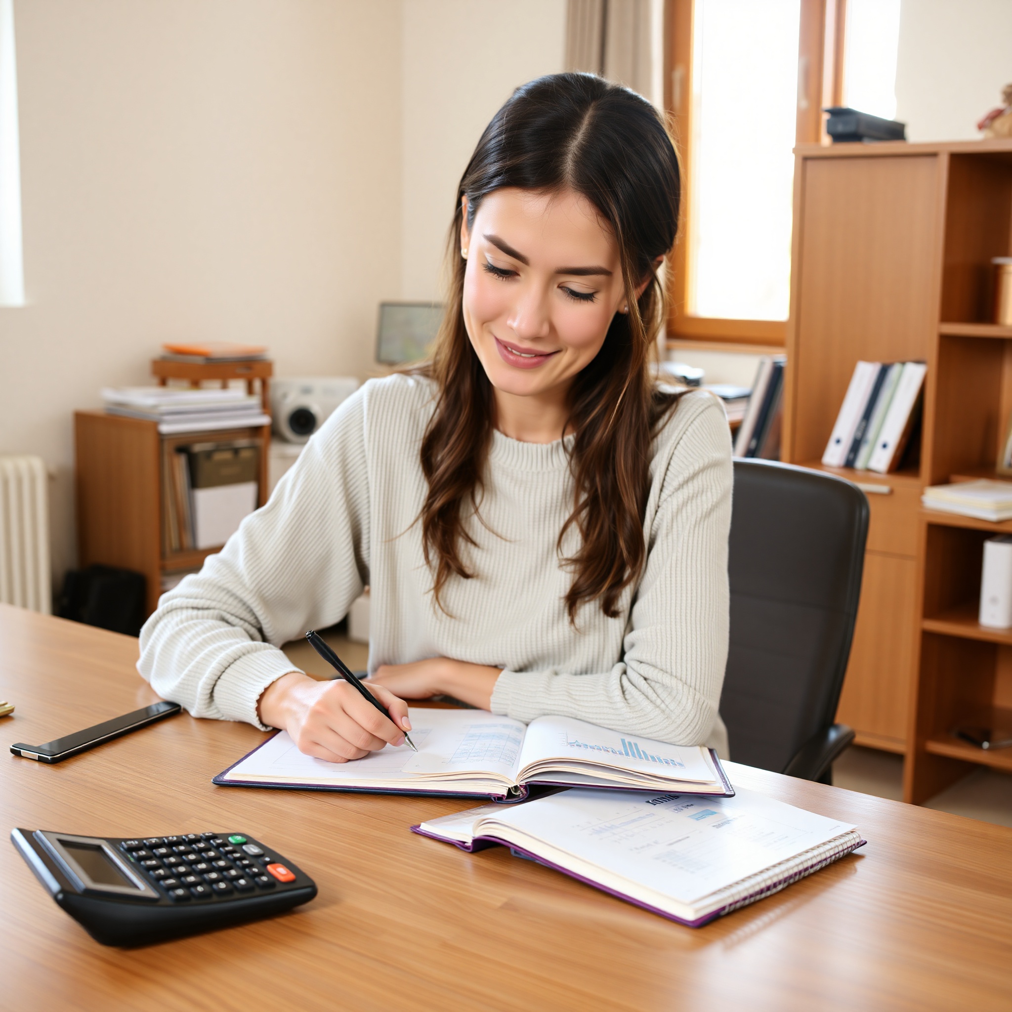 Профессиональное фото женщины, ведущей учет финансов в блокноте