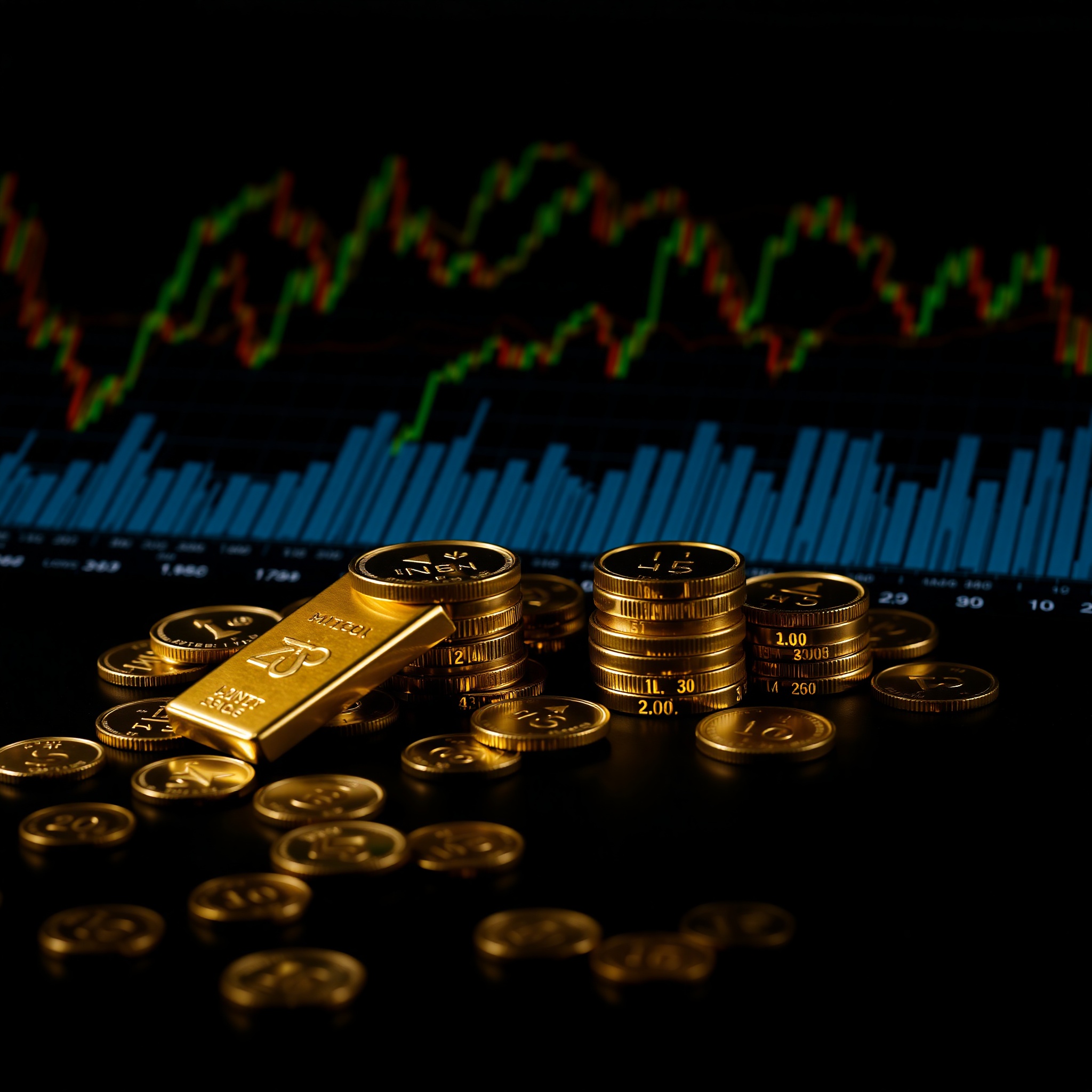 Профессиональное фото золотых монет и слитков на темном фоне с финансовыми графиками