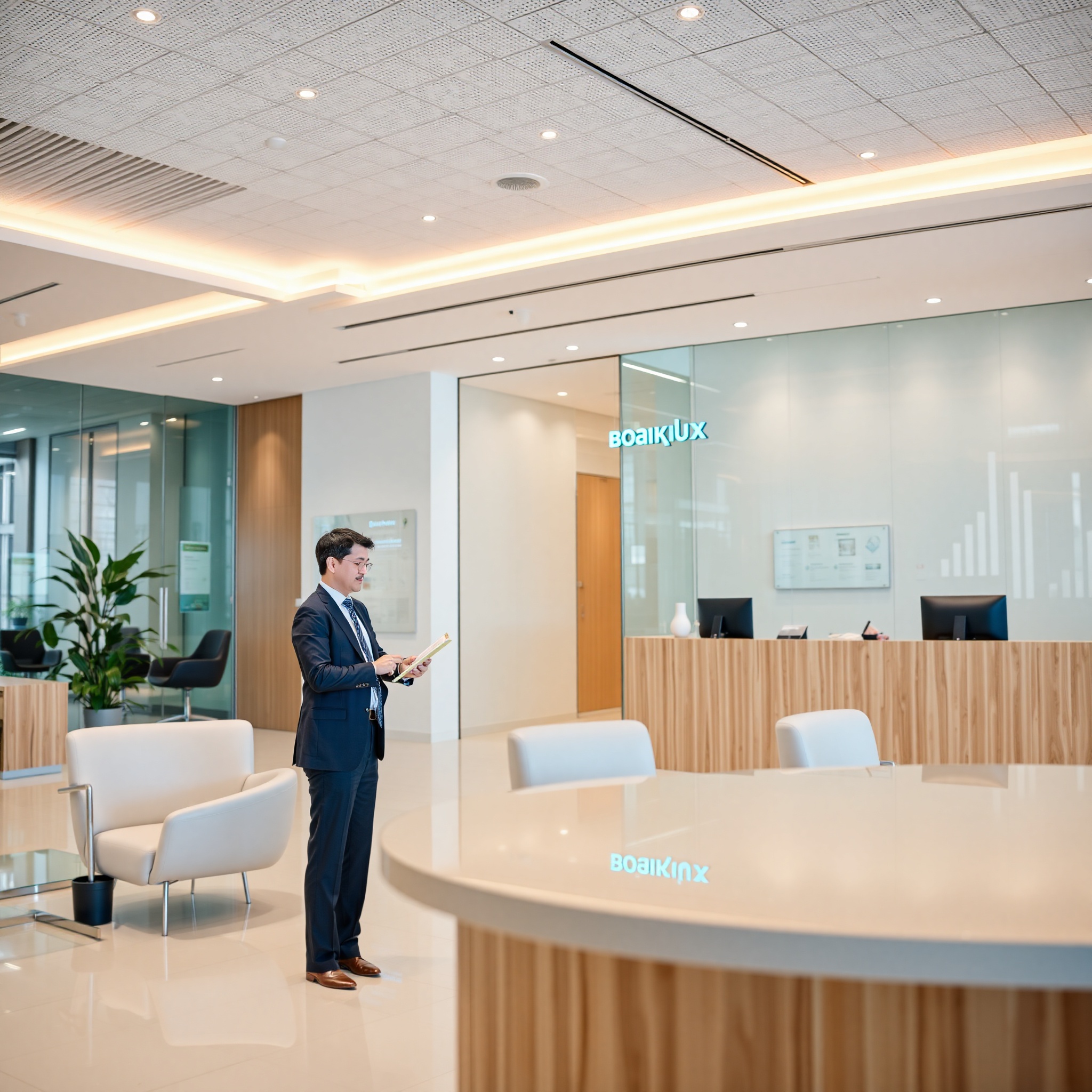 Профессиональное фото современного офиса банка с консультантом, помогающим клиенту выбрать банковские услуги