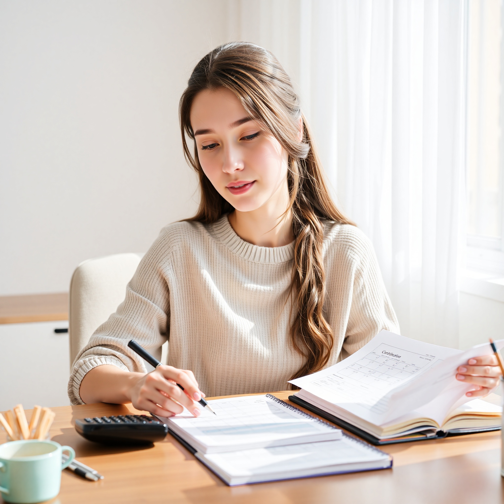 Молодая женщина со спокойным выражением лица, анализирующая план ежемесячных взносов в сбережения